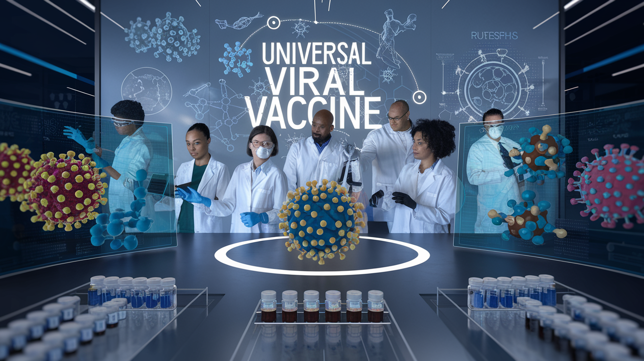 Create a realistic image of a diverse group of scientists in a high-tech laboratory, examining colorful 3D molecular models of viruses on large holographic displays, with vials of vaccine prototypes visible in the foreground, and a whiteboard in the background showing complex immunological diagrams and the words "Universal Viral Vaccine" prominently written.