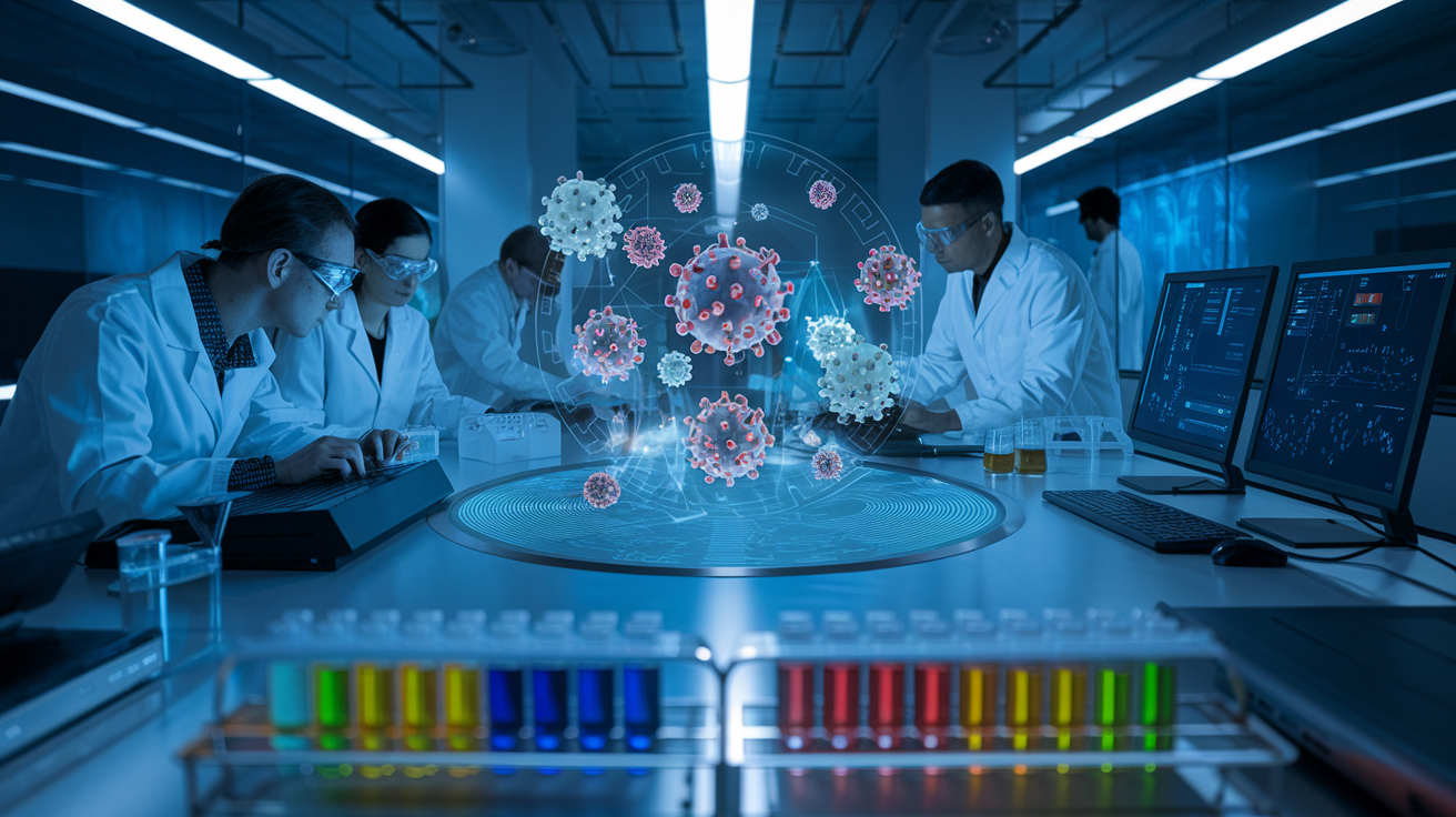 Create a realistic image of a sleek, high-tech laboratory with scientists in white coats working on advanced equipment, focusing on a central holographic display showing various virus structures, with vials of colorful liquids in the foreground, and computer screens displaying complex data analysis in the background, all bathed in cool, blue-tinted lighting to emphasize the cutting-edge nature of the research.