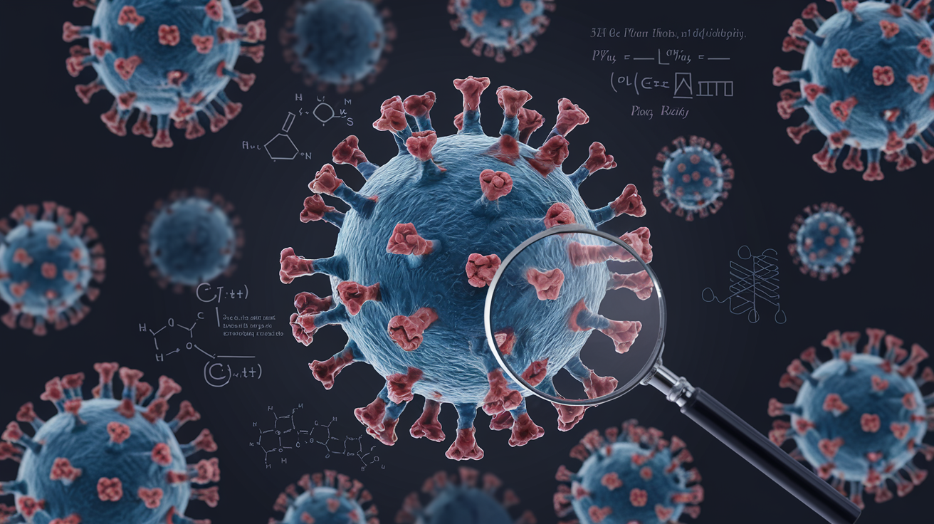 Create a realistic image of a 3D molecular structure of a virus, with common viral proteins highlighted in bright colors against a dark background. A magnifying glass hovers over the structure, emphasizing specific shared elements across different viral types. Scientific formulas and diagrams float around the central image, suggesting ongoing research and analysis.