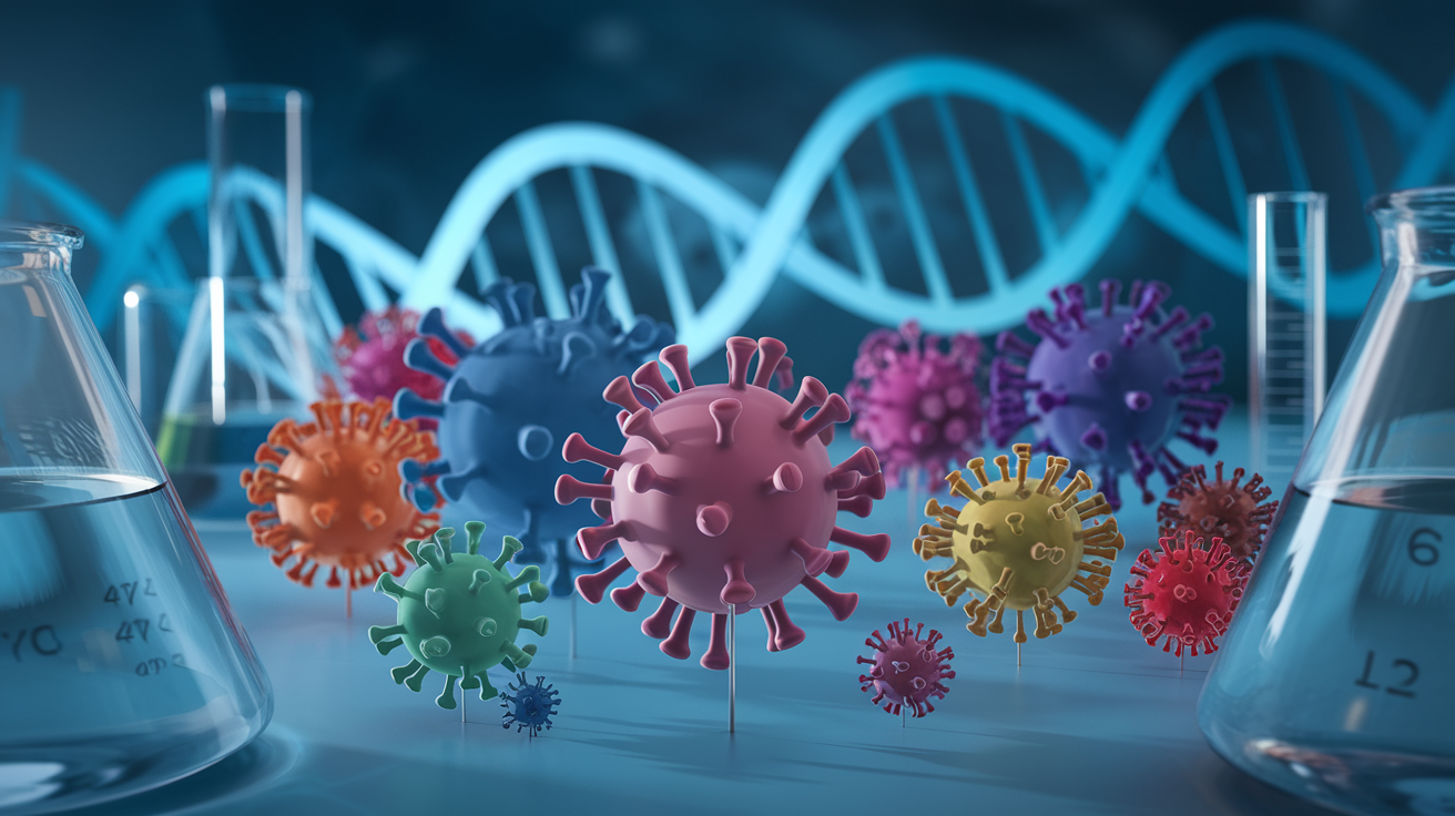 Create a realistic image of a diverse group of viruses, represented by colorful 3D models, in the foreground with some mutating and changing shape, against a background of a stylized DNA double helix, all set in a laboratory environment with soft, cool lighting and glass beakers visible in the periphery.