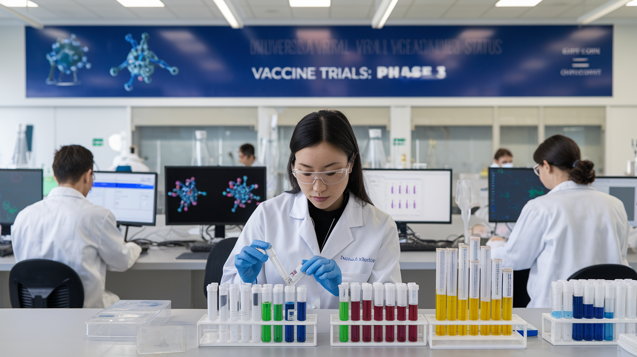 Create a realistic image of a clean, modern laboratory with scientists in white coats conducting clinical trials, focusing on a female Asian scientist examining test tubes containing colorful liquids, with computer screens displaying molecular structures and trial data in the background, and a large banner on the wall reading "Universal Viral Vaccine Trials: Phase 3" to convey the development status.