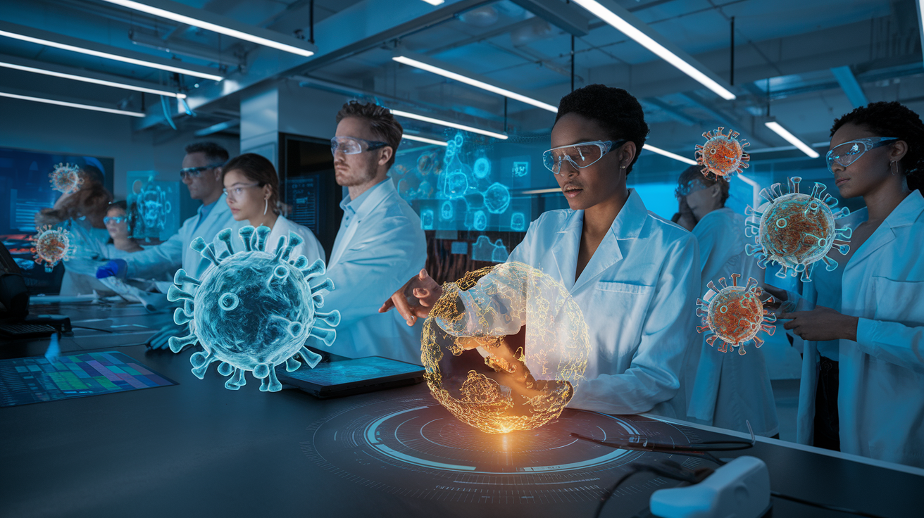 Create a realistic image of a diverse team of scientists in a high-tech laboratory, examining holographic projections of virus structures. In the foreground, a black female scientist points to a glowing, spherical representation of a universal vaccine. Background shows data screens and research equipment. Lighting is bright and clinical, emphasizing the futuristic and groundbreaking nature of the work.