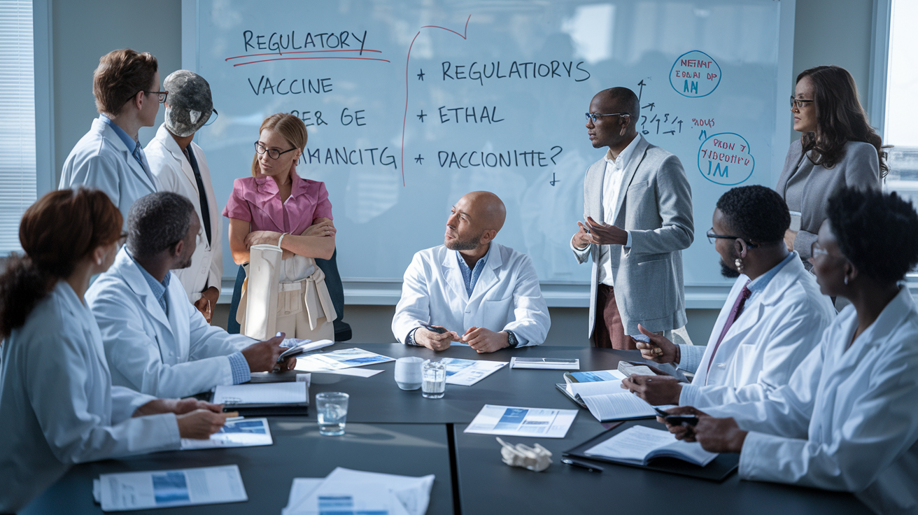 Create a realistic image of a diverse group of scientists and ethicists in a conference room, discussing ethical considerations surrounding a universal viral vaccine. Show a whiteboard with regulatory words and ethical questions written on it. Include scientific papers and legal documents scattered on the table. The lighting should be bright and clinical, emphasizing the serious nature of the discussion.
