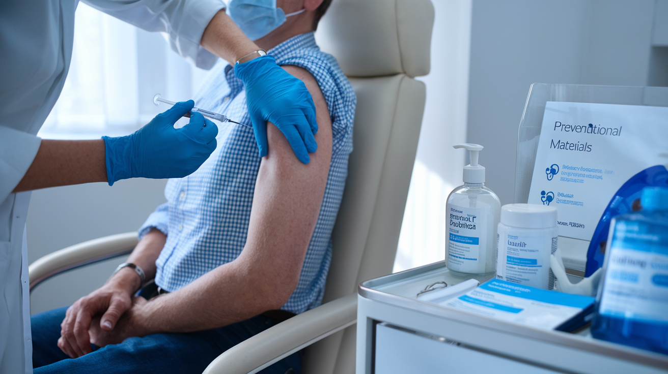 Create a realistic image of a medical professional wearing gloves administering a vaccine to a patient in a clinical setting, with a display of antiviral medications, hand sanitizer, and prevention educational materials visible on a nearby counter, soft natural lighting illuminating the scene, conveying the importance of medical interventions and preventative measures against viral infections.