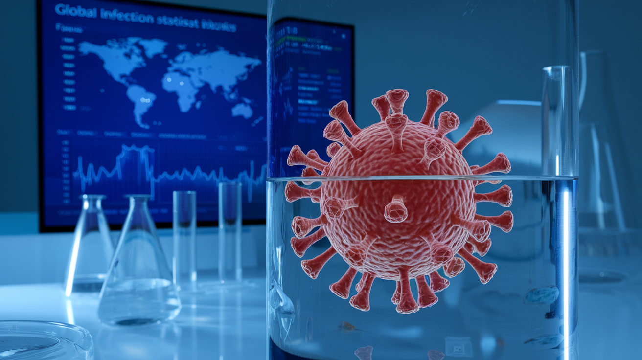 Create a realistic image of a molecular visualization showing a detailed 3D model of a virus particle with its characteristic spikes, alongside a digital screen displaying global infection statistics, medical research data, and modern laboratory equipment in the background, with blue-toned lighting to represent the technological and scientific understanding of viruses in contemporary society.