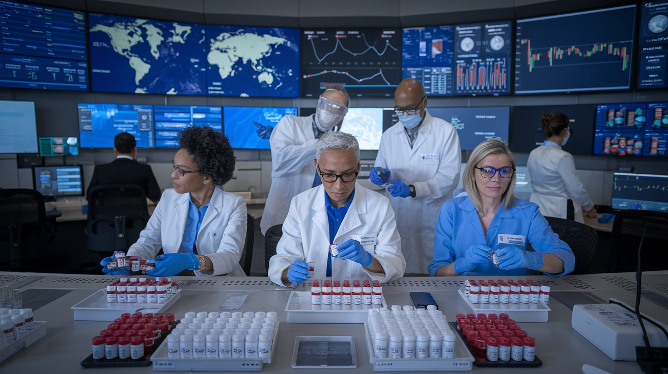 Create a realistic image of a diverse team of WHO officials in a high-tech emergency operations center, with multiple screens displaying global outbreak data, as they analyze vials of sera samples arranged on a laboratory table, highlighting the strategic coordination between field response and laboratory analysis during a health emergency.