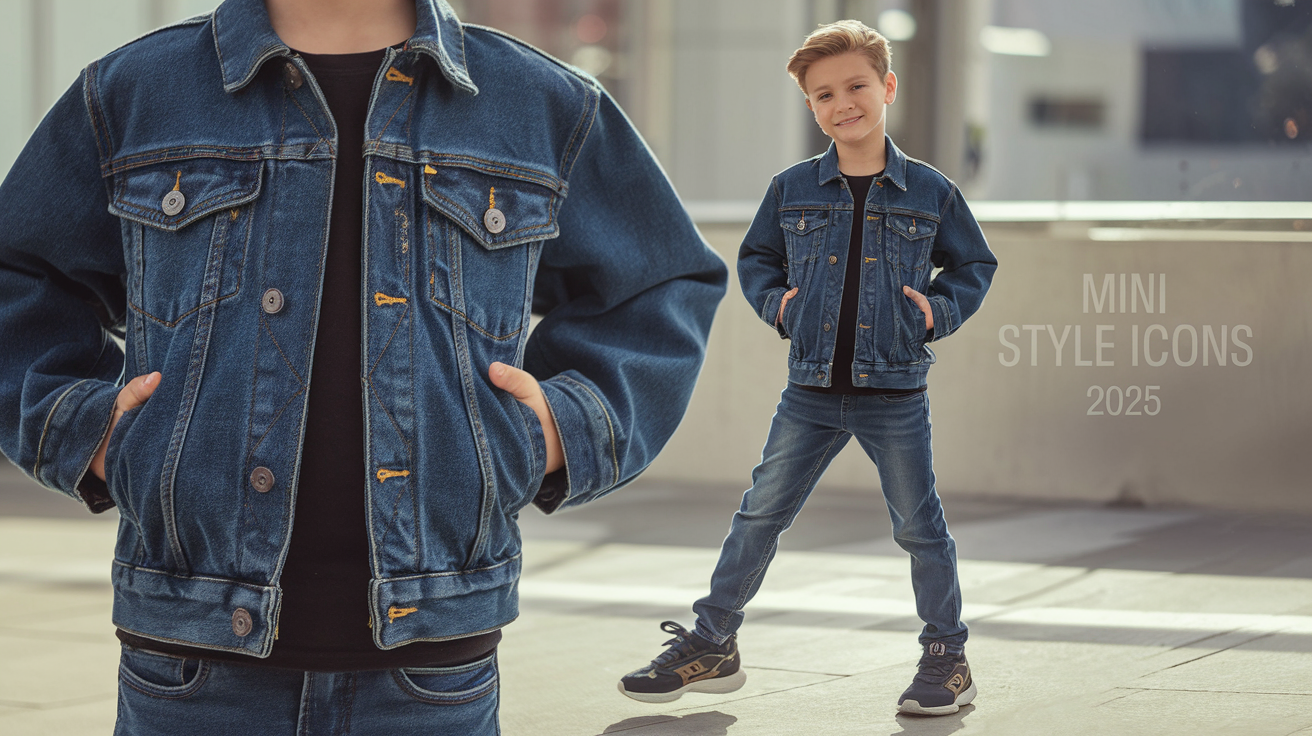 Create a realistic image of a stylish 8-year-old white male boy confidently posing in a trendy sustainable denim outfit featuring slim-fit jeans, a classic denim jacket with subtle tech elements, and fashionable sneakers, standing against a bright urban backdrop that suggests 2025 fashion, with soft natural lighting highlighting the quality and details of the denim, and the text "Mini Style Icons 2025" appearing subtly in the corner.