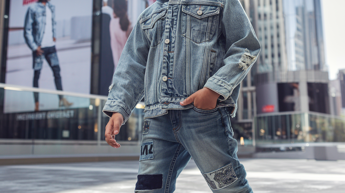 Create a realistic image of a stylish young boy (8-10 years old, racially diverse) wearing trendy 2025 denim fashion - a modern distressed denim jacket with tech-integrated elements, paired with tapered jeans featuring sustainable fabric patches, standing confidently in a bright urban setting with fashion billboards visible in the background, natural lighting highlighting the texture and details of the denim.