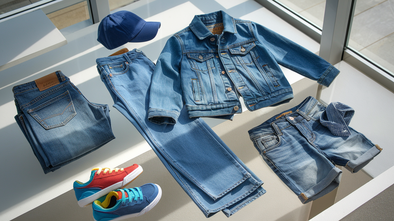 Create a realistic image of a stylish collection of essential denim pieces for boys displayed on a modern white backdrop, featuring a blue denim jacket, straight-leg jeans, denim shorts, and a chambray shirt, arranged in a visually appealing flat lay with small trendy accessories like colorful sneakers and a baseball cap, with natural lighting highlighting the texture of the denim fabrics.