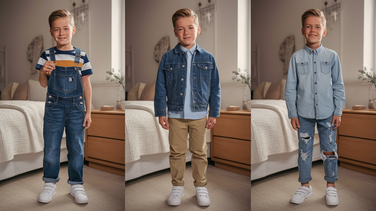 Create a realistic image of a young white male child (around 8 years old) showing off three different denim outfits arranged side by side - casual denim overalls with a t-shirt, smart denim jacket with chinos for semi-formal occasions, and distressed jeans with a button-up shirt for playdates, all styled with age-appropriate accessories against a modern bedroom background with soft natural lighting.