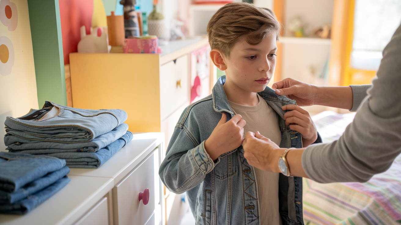 Create a realistic image of a white male child (6-7 years old) styling a denim jacket over a plain t-shirt, with a parent's hands helping him adjust the collar, in a bright children's bedroom with colorful decor, showing age-appropriate denim styling for young boys, featuring neatly folded denim items on a nearby dresser, with warm natural lighting creating a nurturing atmosphere.