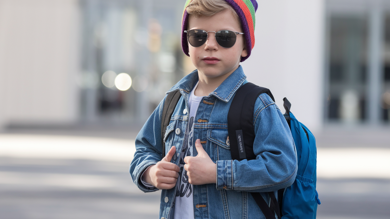 Create a realistic image of a stylish young white male child around 6-7 years old wearing a denim jacket, complemented with trendy accessories including a colorful beanie, sunglasses, and small backpack, standing confidently against a bright urban background, showcasing modern boys' fashion styling.