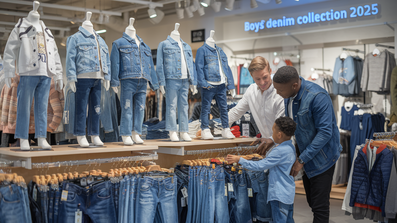 Create a realistic image of a well-organized clothing store's children's section, showcasing a display of quality boys' denim jeans, jackets, and shirts on child mannequins, with a mix of trendy washes and styles, while a white male store associate helps a black father and his young son browse through a rack of jeans, with soft retail lighting and clear signage reading "Boys' Denim Collection 2025" in the background.