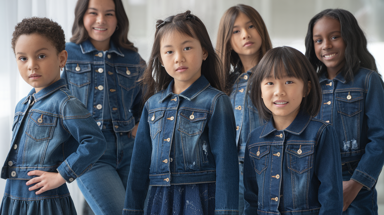 Create a realistic image of a diverse group of fashionable young girls (ages 5-10, various races) wearing trendy denim outfits including embellished jackets, stylish jeans, cute overalls, and colorful denim skirts, posing confidently against a bright, neutral background, with natural lighting highlighting the details and textures of their denim clothing, with the text "Denim for Little Divas" appearing in a playful font at the top.