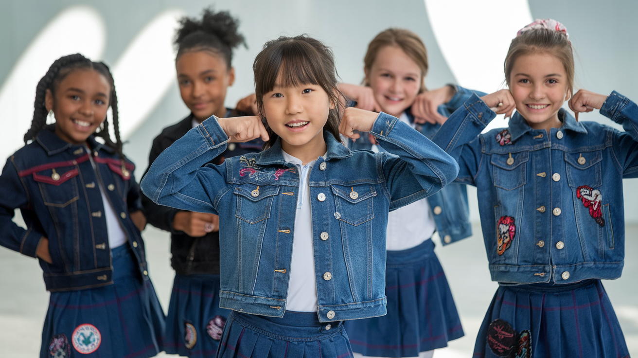Create a realistic image of a diverse group of elementary school-aged girls (Asian, Black, and White) happily showing off trendy denim outfits including jackets, skirts, and jeans with fashionable details like patches, embroidery, and colored stitching, posed confidently against a bright, clean background with soft natural lighting highlighting the texture and colors of the denim pieces.
