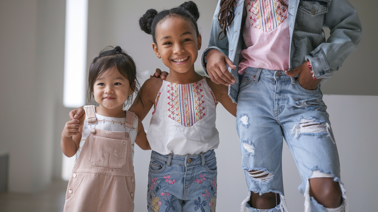 Create a realistic image of three smiling young girls of different ages (4, 8, and 12) from diverse racial backgrounds (Asian, Black, and White) standing together wearing age-appropriate denim styles - the youngest in a cute overall dress, the middle child in embroidered jeans with a colorful top, and the oldest in trendy ripped jeans with a fashionable jacket, all posing against a bright, clean background with soft natural lighting highlighting the different denim textures and styles.
