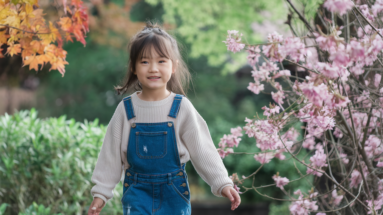 Create a realistic image of a smiling Asian girl child (7-9 years old) wearing stylish denim overalls with a light sweater underneath, standing in a park setting with seasonal elements visible - autumn leaves on one side, spring flowers on the other, demonstrating how the denim style works year-round, with soft natural lighting highlighting the versatility of the outfit.