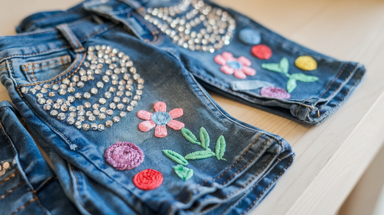 Create a realistic image of a close-up shot of adorable denim jeans for girls featuring colorful embellishments like sparkly rhinestones, embroidered flowers, fun patches, and decorative stitching, displayed on a light wooden surface with soft natural lighting highlighting the intricate details that make these pieces special for young fashionistas.