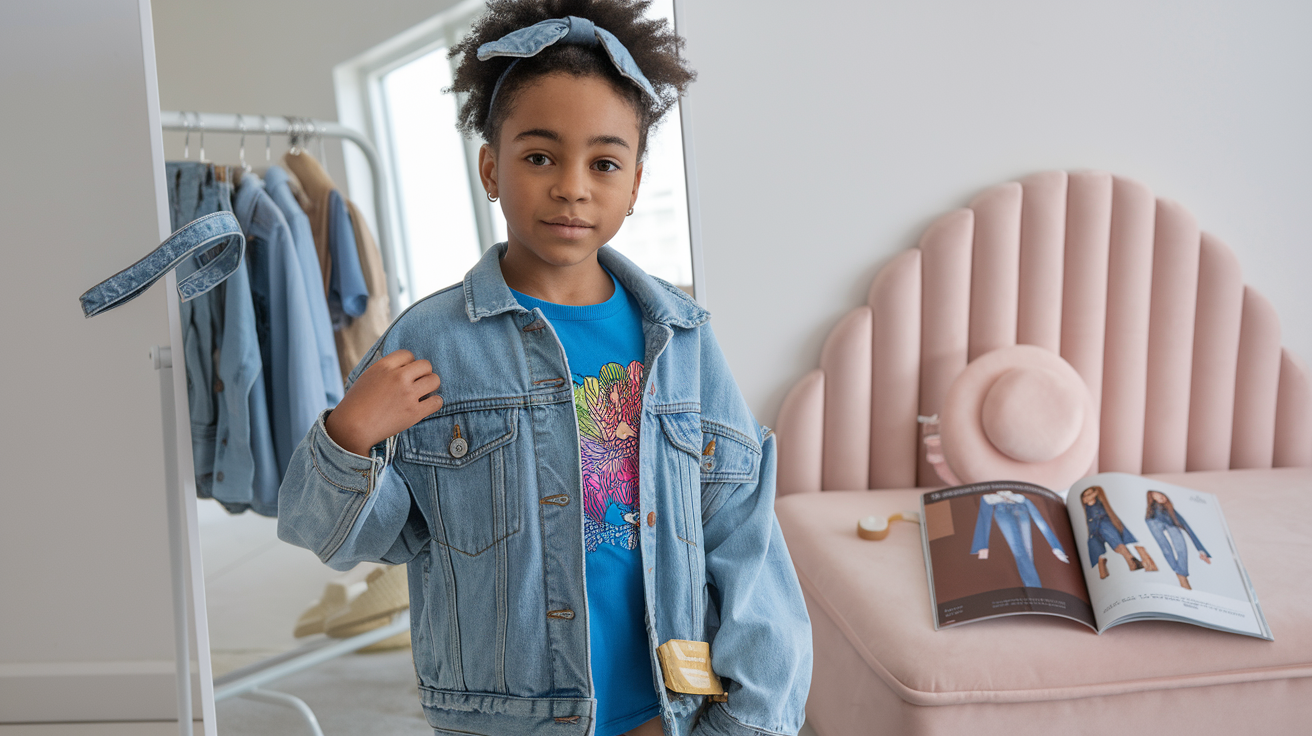 Create a realistic image of a stylish young black female child (around 8 years old) confidently posing in front of a full-length mirror in a bright, modern bedroom, trying on a trendy denim jacket over a colorful t-shirt, with denim accessories like a headband visible nearby, a small clothing rack with various denim pieces in the background, and a small fashion magazine open on a pastel-colored bed showing denim styling ideas.