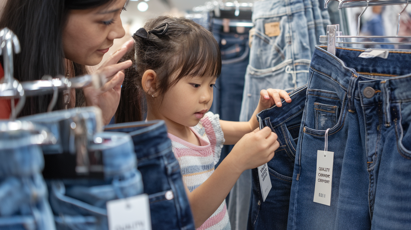 Create a realistic image of a young Asian girl with a comfortable expression trying on stylish denim jeans in a bright clothing store, examining the quality of stitching, with her mother feeling the fabric for softness, surrounded by different denim styles with quality and comfort tags visible in the background.