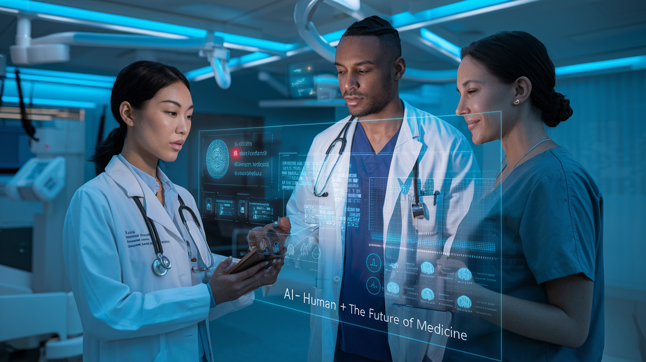 Create a realistic image of a diverse medical team (Asian female doctor, Black male doctor, and White female nurse) collaborating around a futuristic transparent display showing patient data and AI diagnostic recommendations, in a modern hospital setting with soft blue lighting, medical equipment visible in the background, and the text "AI + Human: The Future of Medicine" subtly integrated at the bottom.