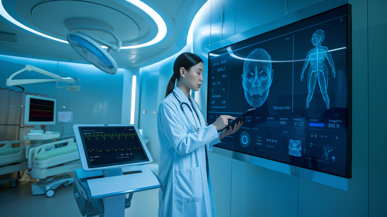 Create a realistic image of a modern hospital room where a Asian female doctor is reviewing medical data on a digital screen displaying AI diagnostic tools, while a tablet nearby shows patient vitals being monitored in real-time, creating a high-tech yet clinical atmosphere with soft blue lighting that emphasizes the integration of technology in healthcare settings.