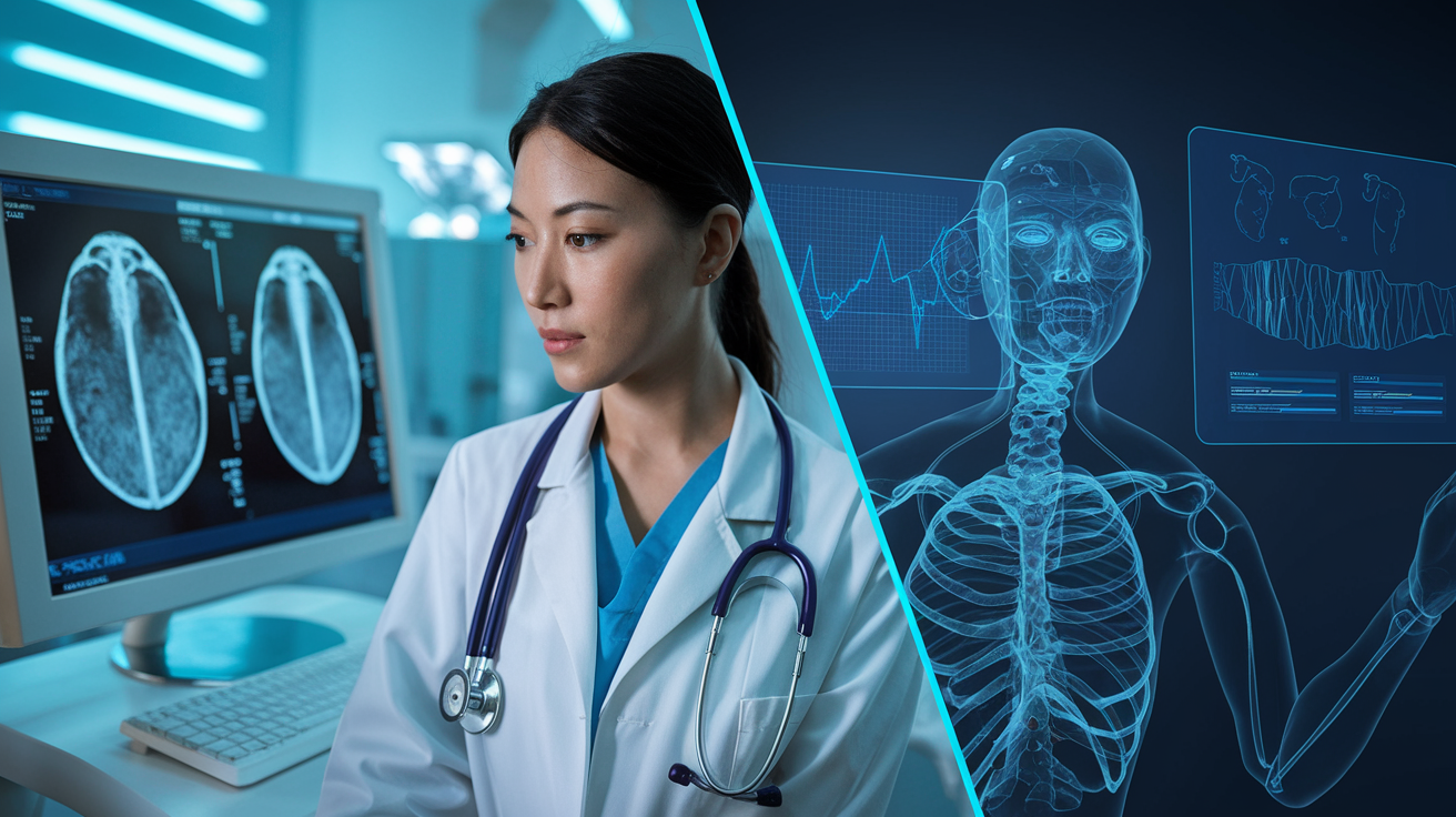 Create a realistic image of a split-screen view showing an Asian female doctor and an AI diagnostic system analyzing the same medical scan, with holographic data visualization comparing their findings, in a modern hospital setting with soft blue lighting, highlighting the contrast between human intuition and machine precision.