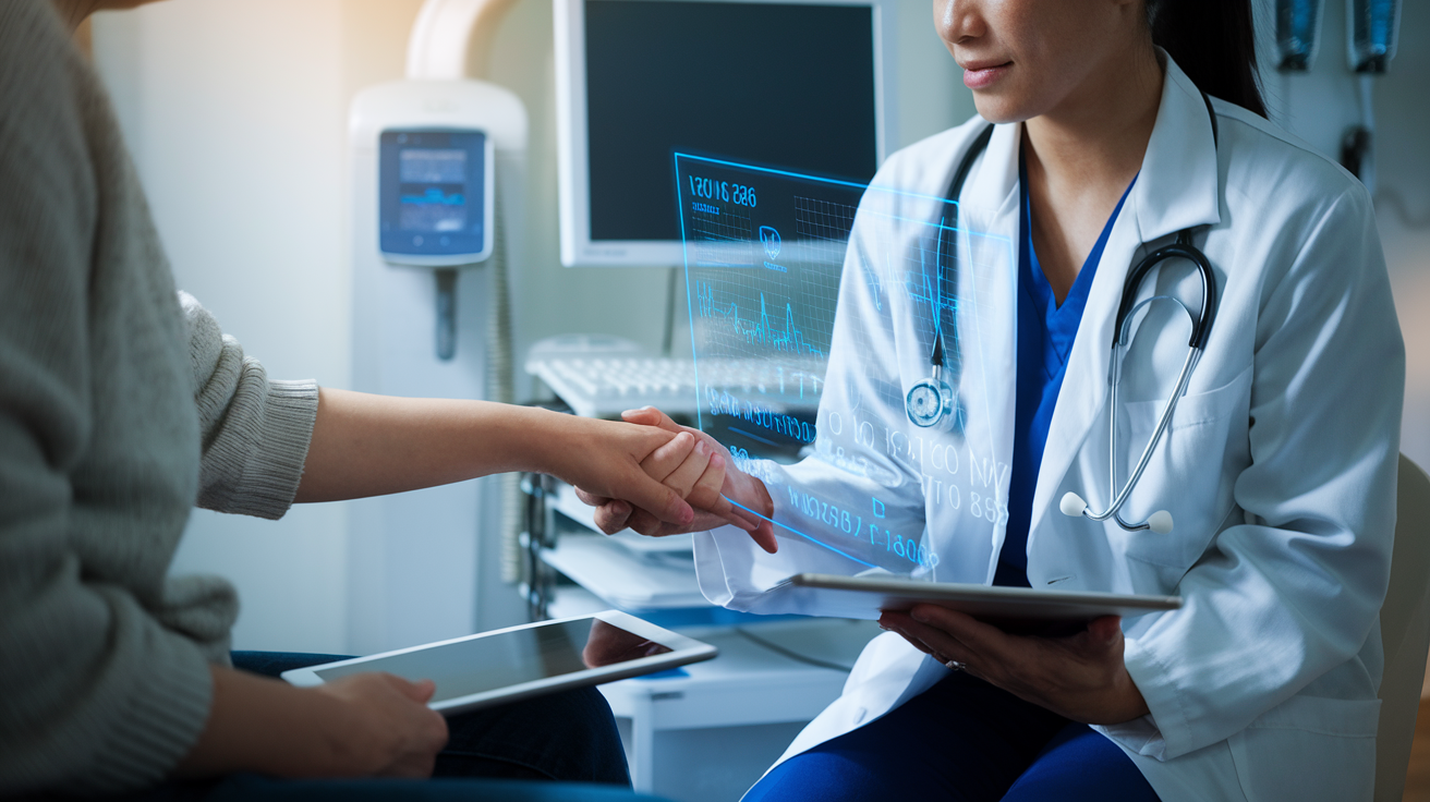 Create a realistic image of a diverse medical consultation scene where a female Asian doctor holds a patient's hand while reviewing digital medical data, symbolizing the emotional connection and empathy in healthcare that AI cannot replicate, with medical technology visible in the background but the human interaction clearly being the focus, soft warm lighting highlighting the compassionate exchange.