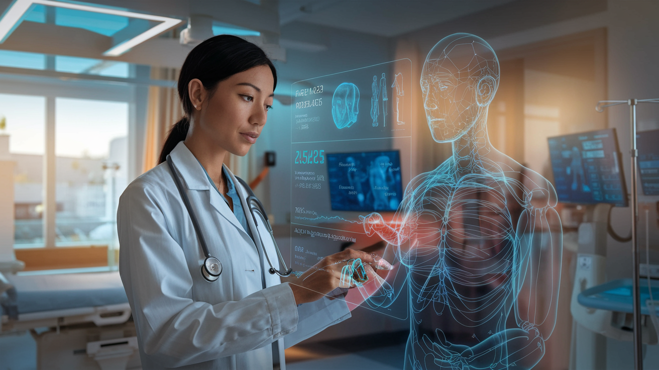 Create a realistic image of a collaborative medical environment where a female Asian doctor and a sleek medical AI interface are examining patient data together, with the doctor pointing at digital health charts on a transparent screen while the AI highlights potential diagnoses, set in a modern hospital room with soft natural lighting and medical equipment in the background.