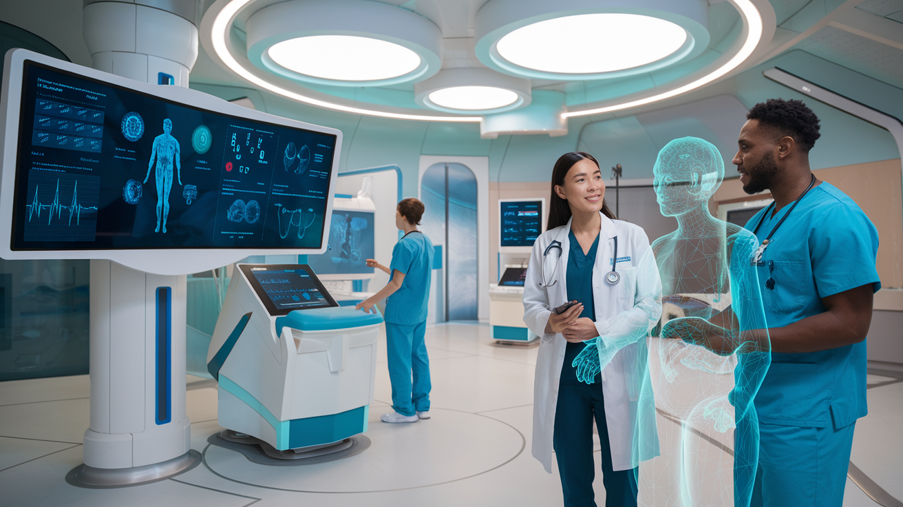 Create a realistic image of a futuristic medical facility where advanced AI diagnostic screens display patient data alongside traditional medical equipment, with a diverse medical team (including an Asian female doctor and a Black male nurse) collaborating with a holographic AI interface, showing the integration of technology and human expertise in a bright, hopeful environment symbolizing the evolution of healthcare.
