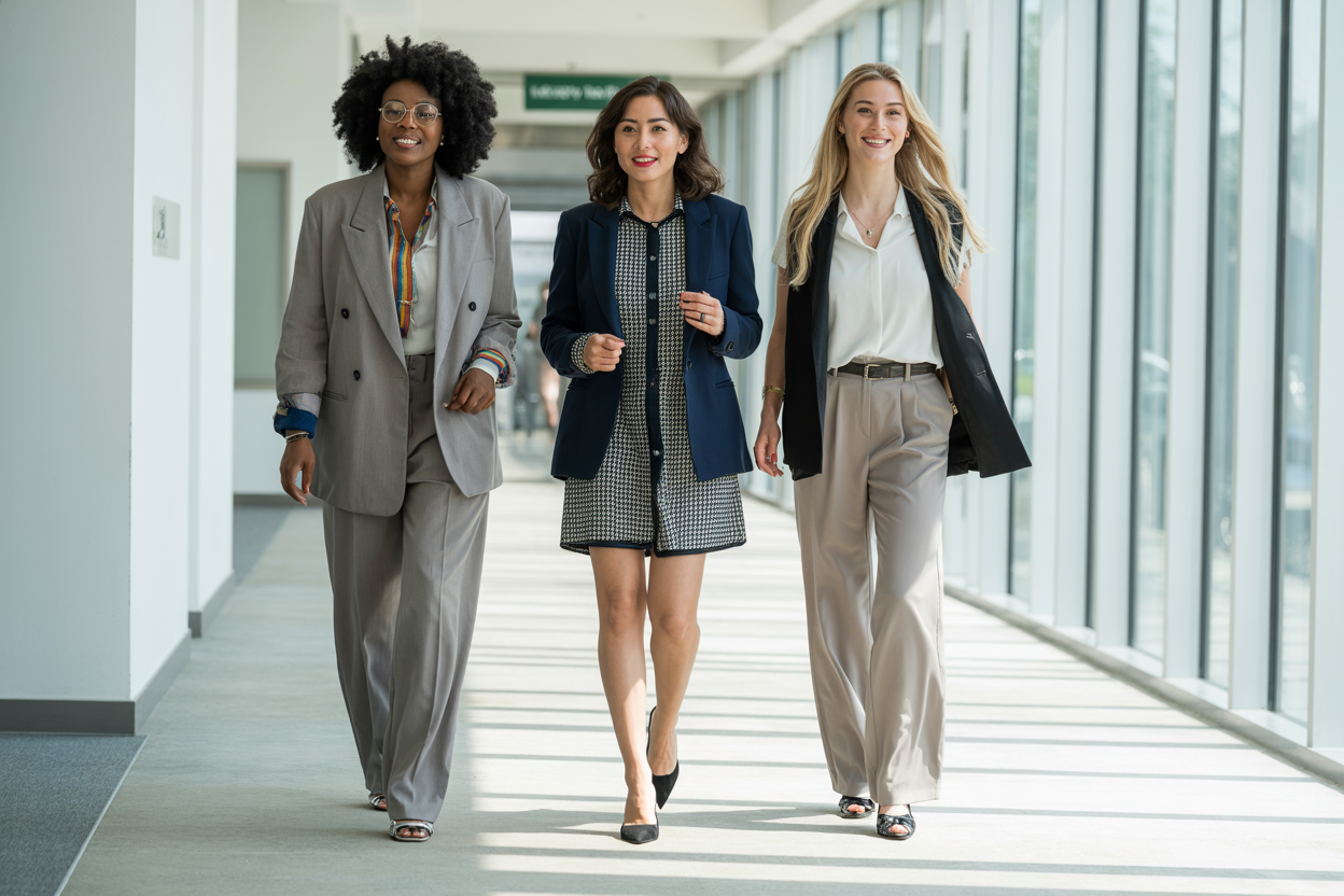 Create a realistic image of a diverse group of three professional women (one Black, one Asian, one White) walking confidently through a bright modern office corridor, wearing stylish yet appropriate office attire that balances professionalism with personality - one in a tailored pantsuit with colorful accessories, another in a contemporary dress with a structured blazer, and the third in a chic blouse with wide-leg trousers - conveying energy and confidence with the text "Elevate Your Work Style" appearing subtly in the corner.