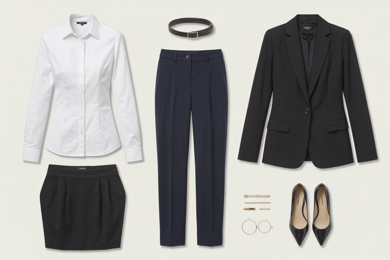 Create a realistic image of a neat arrangement of core office wardrobe essentials on a clean, white backdrop, featuring a crisp white button-down shirt, tailored black blazer, classic pencil skirt, pressed dress pants, elegant pumps, and understated accessories like a leather belt and simple gold jewelry, all arranged in a visually appealing flat lay that suggests professional versatility and timeless style.