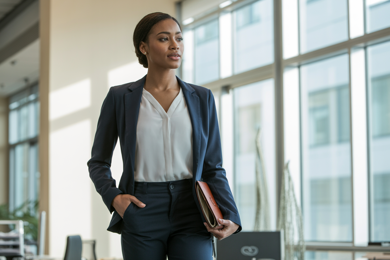 Create a realistic image of a confident Black female professional in her 30s wearing a well-tailored navy blue blazer, crisp white blouse, and fitted trousers, standing with good posture in a modern office setting with natural light streaming through large windows, subtle office decor in the background, exuding strength and self-assurance with a slight smile, holding a leather portfolio or tablet.