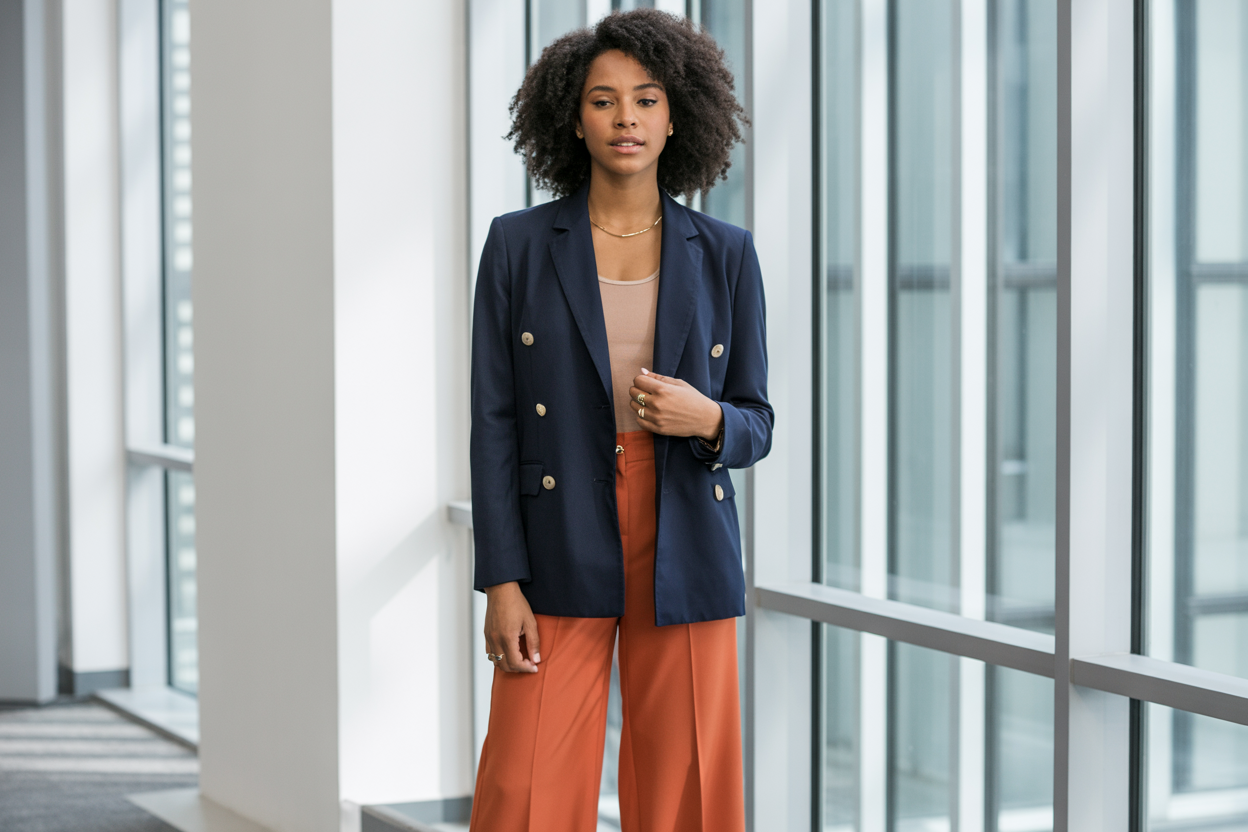 Create a realistic image of a young Black female professional in a modern office setting, wearing a stylish twist on traditional office attire - a well-tailored navy blazer paired with vibrant orange wide-leg trousers, accessorized with minimal gold jewelry, standing confidently near large windows with natural lighting streaming in, showcasing how classic workwear can be updated with contemporary elements while maintaining professionalism.