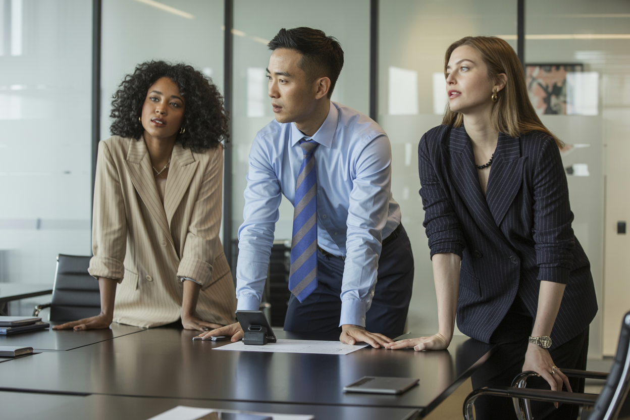 Create a realistic image of a diverse group of professionals - a Black woman, an Asian man, and a white woman - in a modern office setting, wearing stylish yet professional outfits that showcase their unique personalities through accessories, colors, and subtle style elements while maintaining workplace appropriateness, with natural lighting highlighting their confident expressions as they collaborate around a sleek conference table.