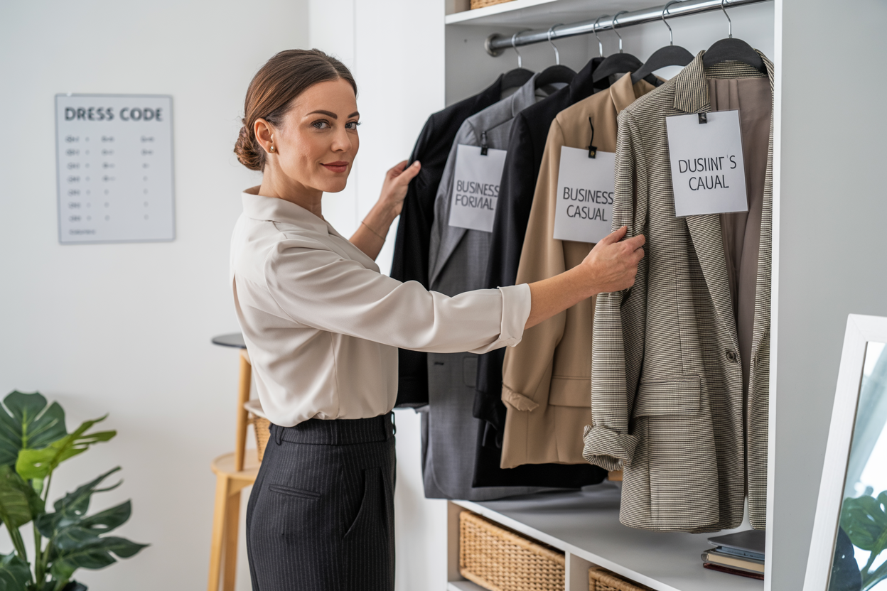 Create a realistic image of a professional white female in her 30s standing confidently at her office wardrobe, selecting between different outfit pieces - a blazer, pencil skirt, and trousers - with clothing labels visible showing different dress codes (business formal, business casual, smart casual), in a modern, well-lit home dressing area with a "dress code guide" pinned to the wall.