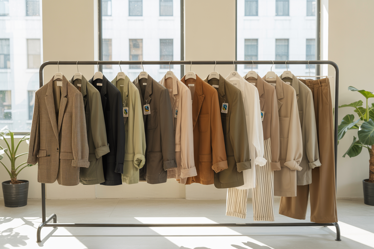 Create a realistic image of a diverse collection of sustainable office attire displayed on a rack, featuring eco-friendly blazers, organic cotton shirts, and recycled fabric trousers in earth tones and muted colors, with visible fair trade certification tags, a small potted plant nearby, and natural lighting streaming through large windows in a minimalist, modern office space.