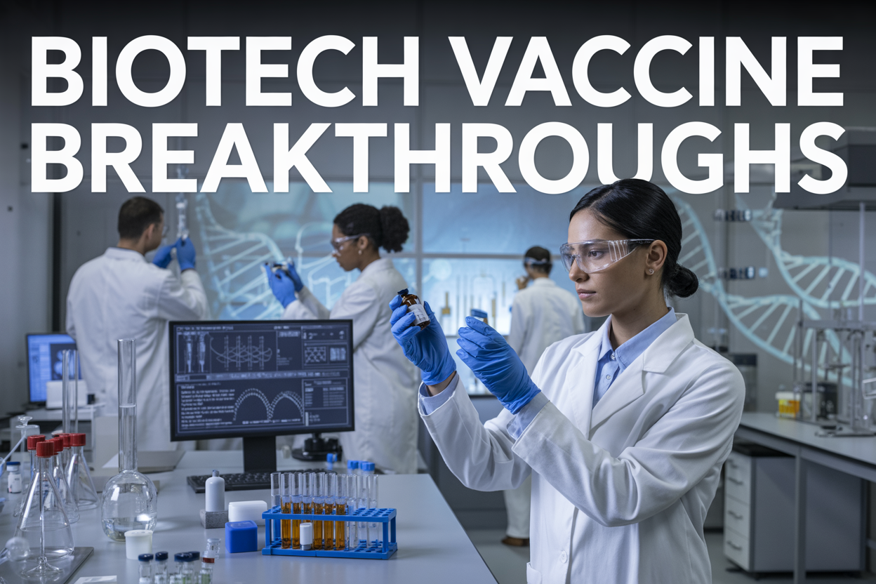 Create a realistic image of a modern biotech laboratory with scientists in white lab coats working at high-tech equipment, featuring a diverse team including a white female researcher examining vaccine vials and a black male scientist analyzing data on computer screens, with DNA helixes and molecular structures visible in the background, bright clinical lighting illuminating the space, test tubes and medical equipment on laboratory benches, with the text "Biotech Vaccine Breakthroughs" prominently displayed across the top of the image in bold modern font, conveying an atmosphere of cutting-edge medical innovation and scientific discovery.