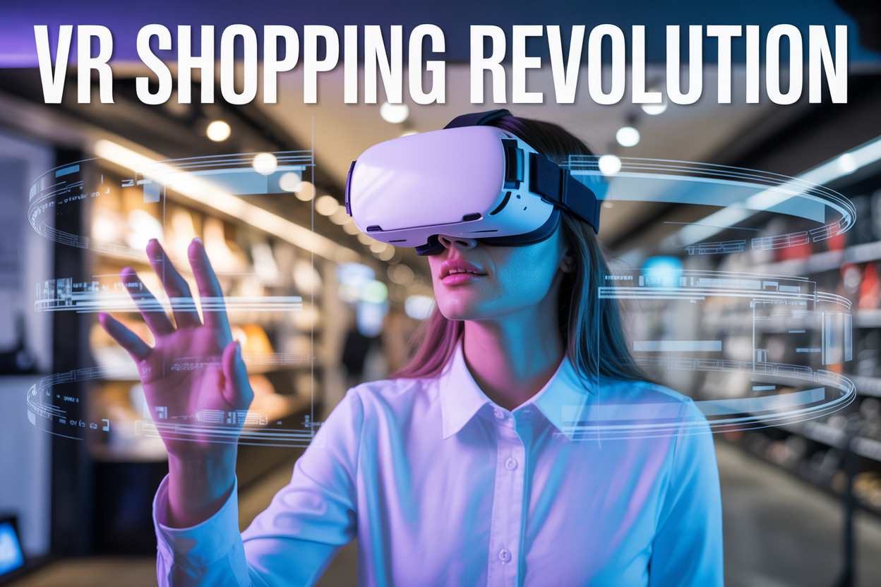 Create a realistic image of a white female customer wearing a sleek VR headset in a modern retail store, with her hand reaching out to touch virtual shopping elements visible as holographic overlays around her, surrounded by contemporary retail displays and warm ambient lighting, with futuristic blue and purple digital interfaces floating in the air, and bold text reading "VR Shopping Revolution" positioned prominently in the upper portion of the image.