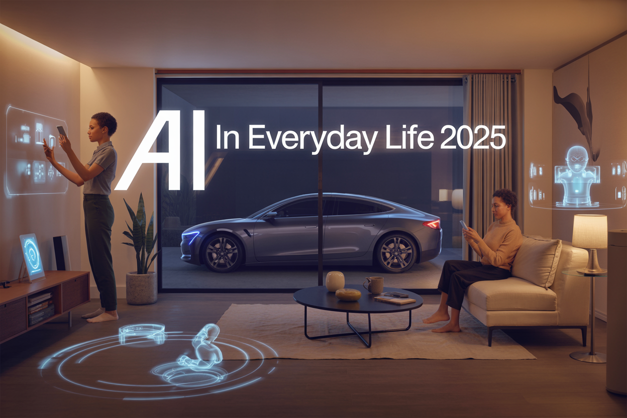 Create a realistic image of a diverse modern living room scene showing AI integration in everyday life, featuring a white female using a smartphone while sitting on a contemporary sofa, a black male interacting with a smart home tablet on the wall, visible smart devices like voice assistants and automated lighting, a sleek autonomous car visible through a large window, holographic health monitoring displays floating in the air, and digital shopping interfaces projected on surfaces, with warm ambient lighting and a futuristic yet comfortable atmosphere, including the text "AI in Everyday Life 2025" prominently displayed in modern typography.