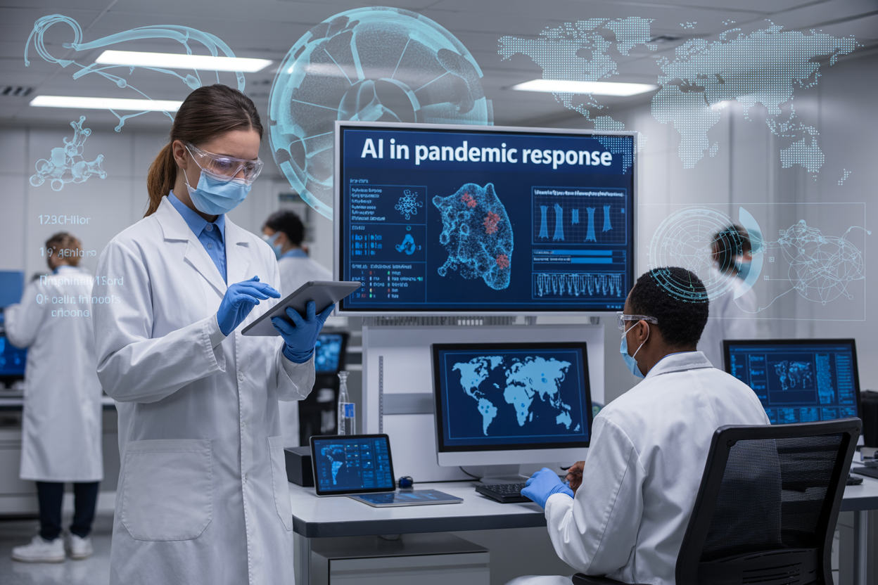 Create a realistic image of a modern medical research facility with a large digital display showing AI-powered pandemic monitoring data including virus spread patterns, vaccine development timelines, and global infection statistics, with a diverse group of scientists including a white female researcher in a lab coat analyzing data on a tablet and a black male scientist working at a computer workstation, surrounded by futuristic holographic projections of molecular structures and world maps with data overlays, bright clinical lighting illuminating the high-tech environment, with the text "AI in Pandemic Response" prominently displayed on the main screen, conveying innovation and hope in the fight against global health crises.