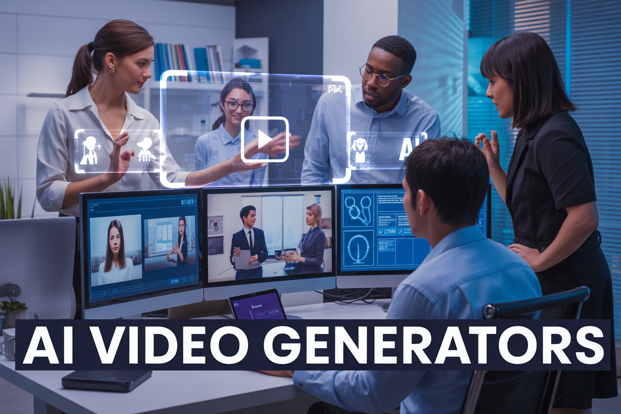 Create a realistic image of a sleek modern workspace with multiple computer screens displaying AI-generated video content, including digital avatars and business presentations, with floating holographic elements showing video play buttons and AI technology icons, a diverse group of professionals (white female, black male, Asian female) collaborating around the screens, bright professional lighting with blue and purple tech accent colors, and bold text overlay reading "AI Video Generators" in modern sans-serif font.