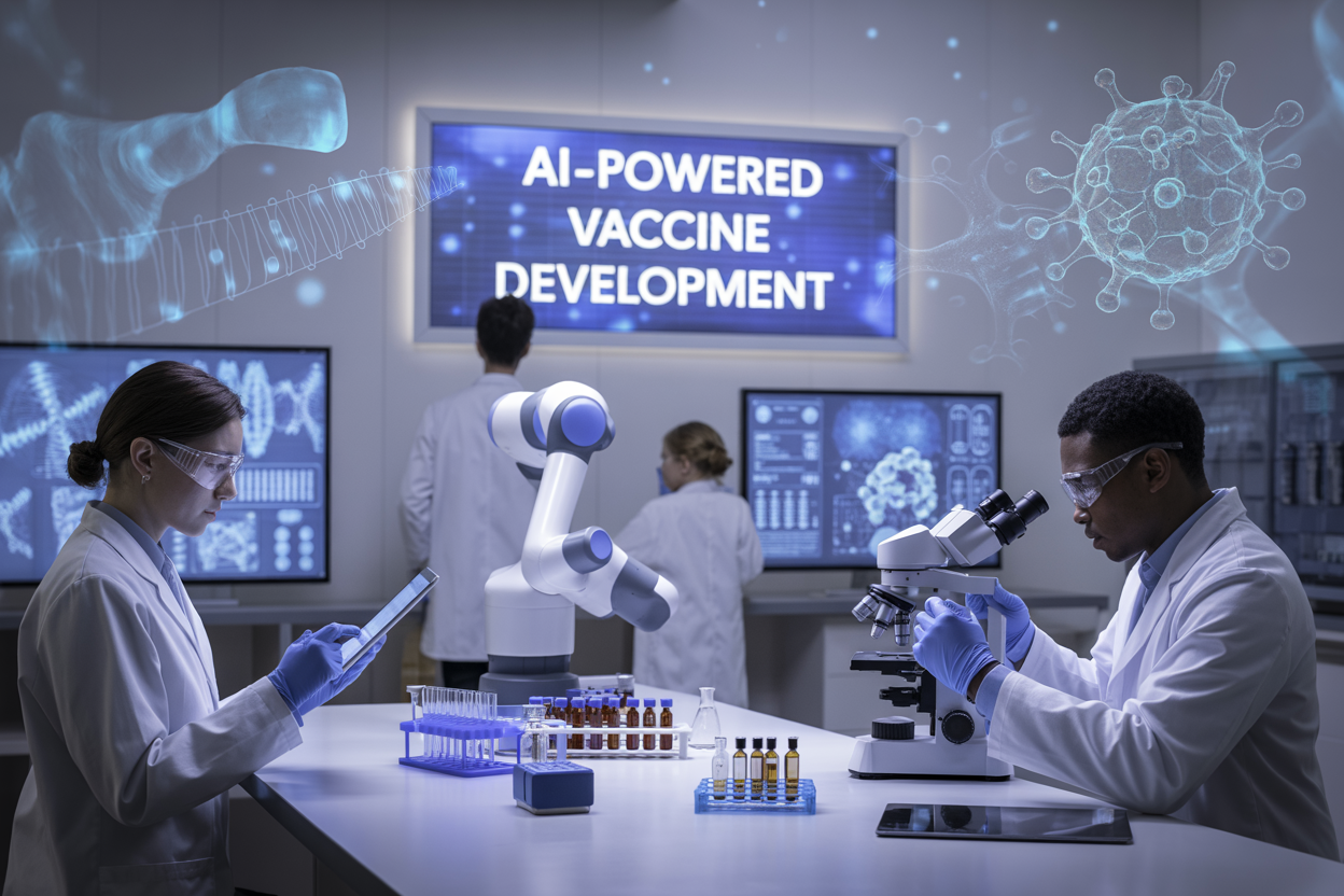Create a realistic image of a modern laboratory setting with a large digital screen displaying molecular structures and DNA helixes, a sleek robotic arm handling vaccine vials, and a diverse team of scientists including a white female researcher in a lab coat analyzing data on a tablet and a black male scientist examining vaccine samples under a microscope, with AI-generated data visualizations and neural network graphics floating holographically above the workspace, soft blue and white lighting creating a high-tech atmosphere, and the text "AI-Powered Vaccine Development" prominently displayed on the main screen.