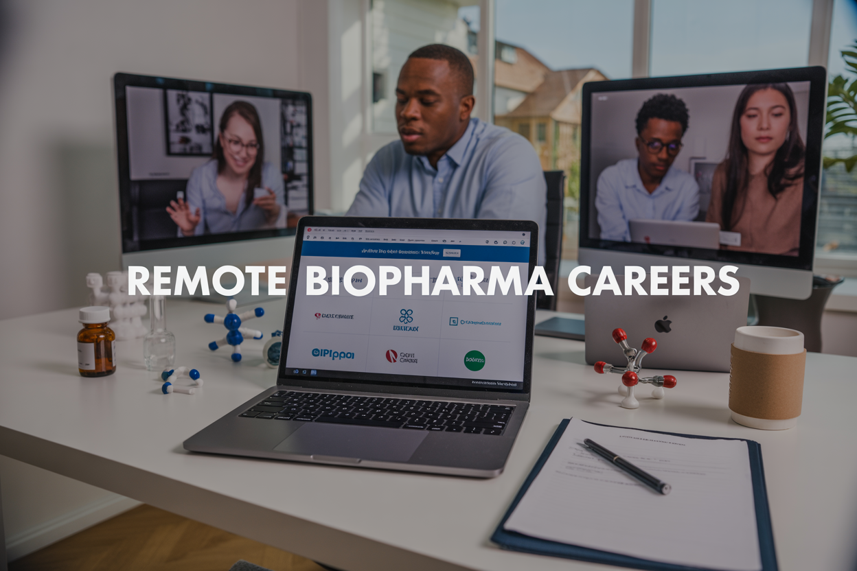 Create a realistic image of a modern home office setup with a laptop displaying job search websites and biopharma company logos on the screen, a diverse group of three professionals (one white female, one black male, one Asian female) working remotely on video calls visible on tablet screens, medical/pharmaceutical elements like molecule structures and pill bottles subtly placed on the desk, a clean white desk with natural lighting from a window, professional documents and a coffee cup, with the text "Remote Biopharma Careers" prominently displayed as an overlay, conveying a safe and professional remote work environment with warm, optimistic lighting.