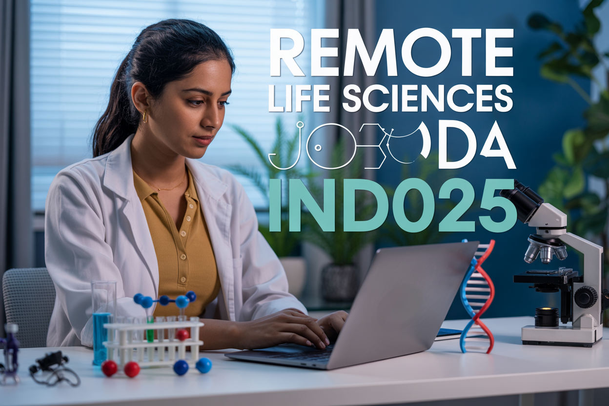 Create a realistic image of a young Indian female professional working remotely on a laptop at a modern home office setup, wearing a lab coat over casual clothes, with scientific elements like molecular models, microscope, and DNA helix graphics visible on her computer screen and desk, soft natural lighting from a window, plants in the background creating a productive atmosphere, with the text "Remote Life Sciences Jobs India 2025" prominently displayed in modern typography overlay.