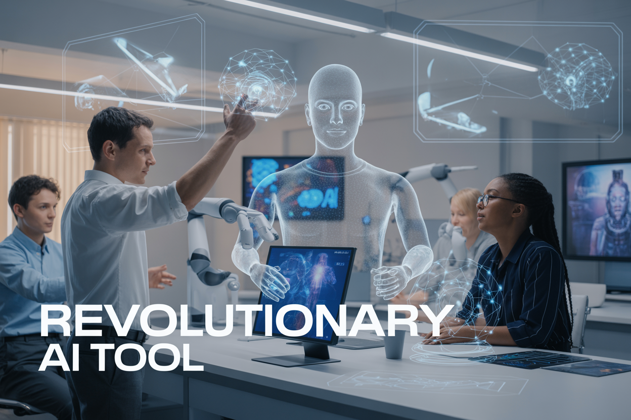 Create a realistic image of a futuristic digital workspace with holographic AI interfaces floating in mid-air, showing interconnected nodes of light representing neural networks, a diverse group including a white male and black female professional collaborating with translucent AI avatars, robotic arms seamlessly integrated into the workspace, creative digital art being generated on multiple screens, all set against a sleek modern office background with soft blue and white lighting, featuring the text "Revolutionary AI Tool" prominently displayed in bold modern typography.