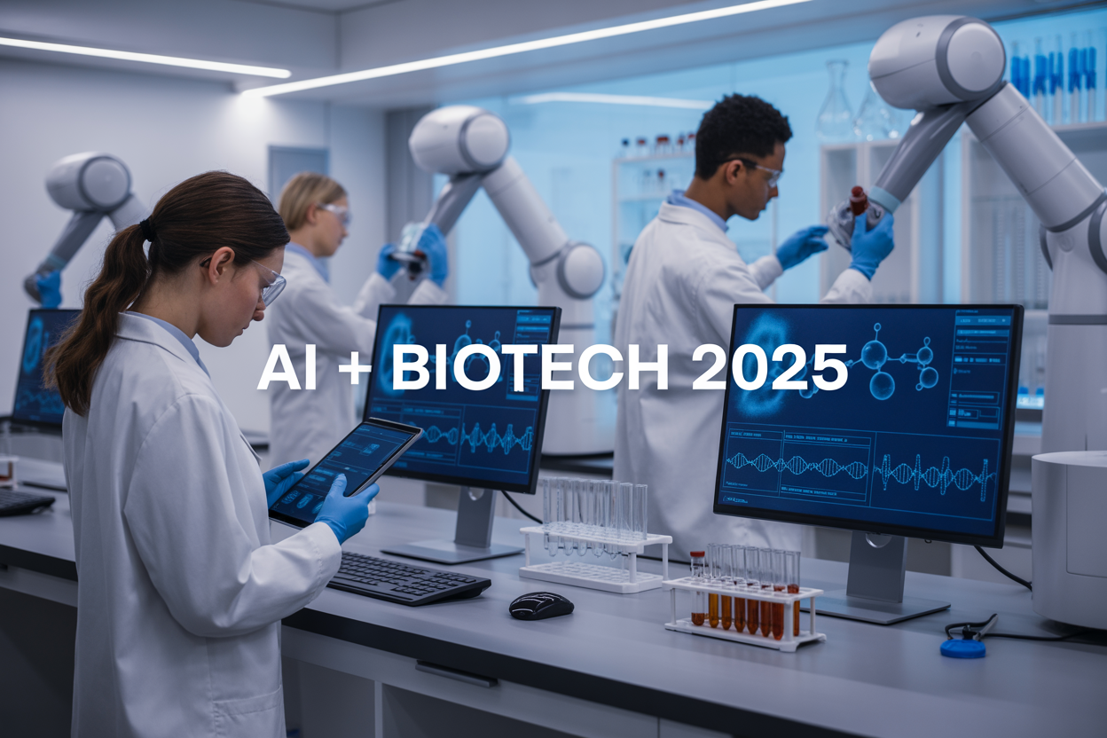 Create a realistic image of a modern biotech laboratory with sleek workstations featuring advanced AI computers displaying molecular structures and DNA sequences on holographic screens, a white female scientist in a lab coat analyzing data on a tablet while a black male researcher operates AI-powered drug discovery equipment, futuristic robotic arms handling test tubes and samples in the background, clean white and blue laboratory environment with soft LED lighting creating a high-tech atmosphere, digital displays showing "AI + BIOTECH 2025" as prominent text overlay, conveying innovation and scientific breakthrough mood.