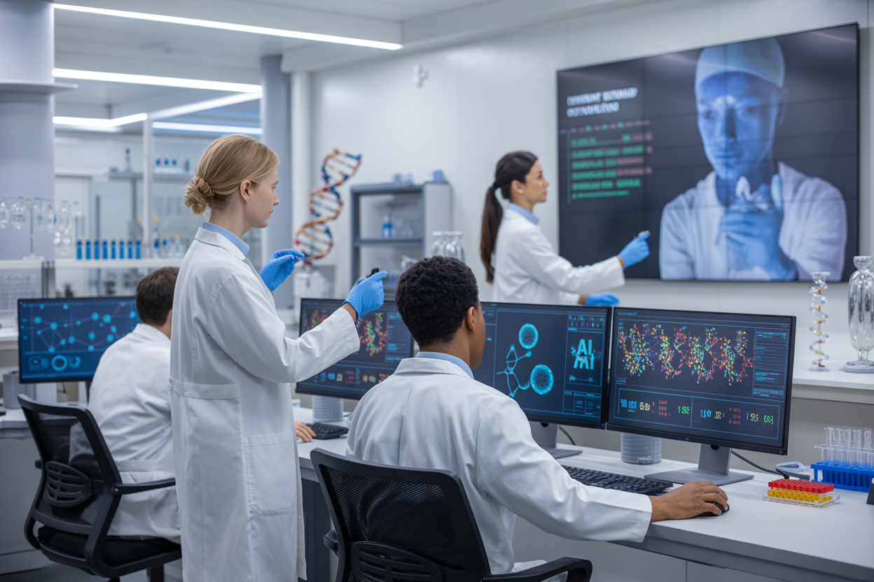 Create a realistic image of a modern medical research laboratory with advanced computer workstations displaying colorful data visualizations and molecular structures on multiple monitors, featuring a diverse team including a white female scientist in a lab coat analyzing digital patient data graphs, a black male researcher working with AI algorithm interfaces, and an Asian female doctor reviewing clinical trial optimization results on a large wall-mounted screen, with high-tech medical equipment, DNA helix models, and pharmaceutical research tools in the background, bright LED lighting creating a clean professional atmosphere, conveying innovation and scientific breakthrough, absolutely NO text should be in the scene.