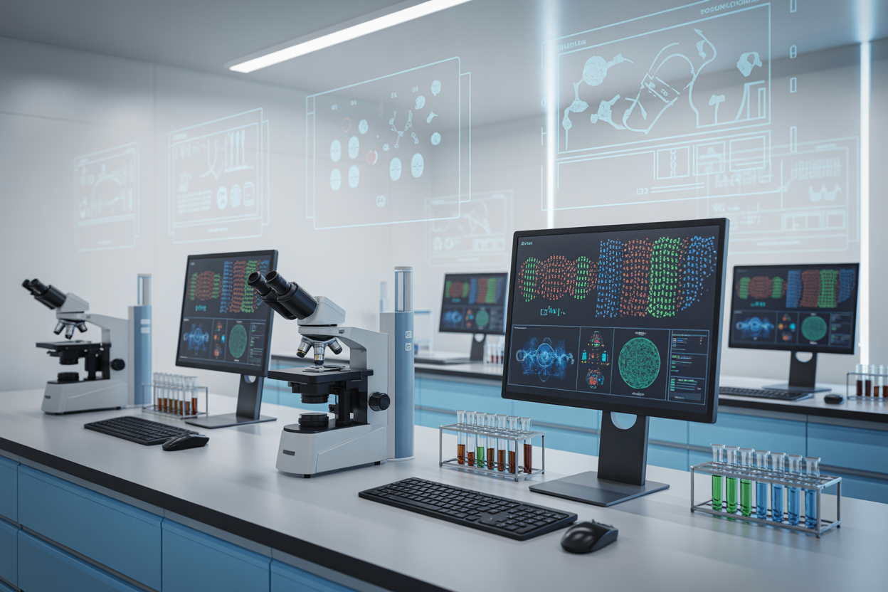 Create a realistic image of a modern biotech laboratory with advanced AI computer systems displaying colorful DNA sequencing data and molecular structures on multiple high-resolution monitors, sleek laboratory equipment including microscopes and automated sample analyzers, glass vials containing biological samples arranged on sterile white countertops, holographic projections of biomarkers and genetic patterns floating above digital interfaces, clean white and blue laboratory environment with LED lighting, futuristic atmosphere suggesting cutting-edge personalized medicine research, absolutely NO text should be in the scene.