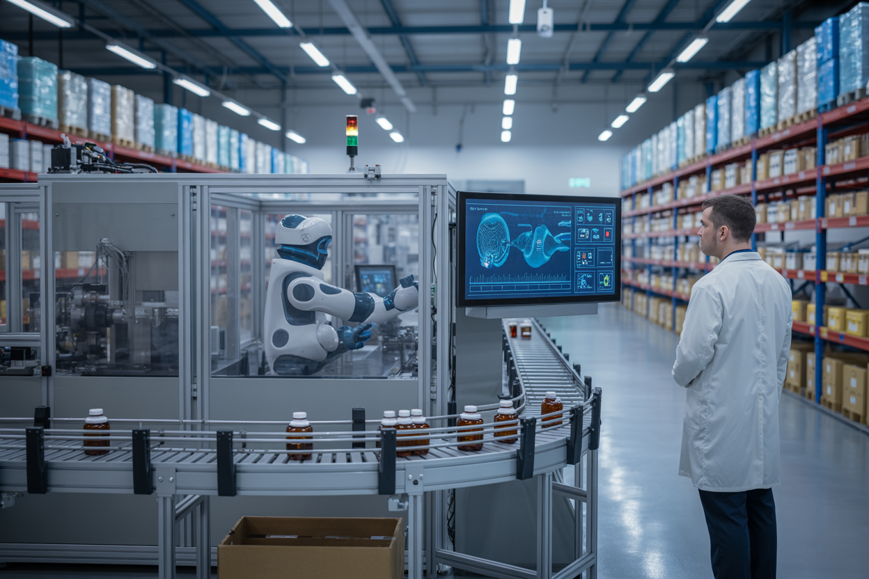 Create a realistic image of a modern biotech manufacturing facility with automated robotic systems and AI-powered machinery producing pharmaceutical products, featuring sleek conveyor belts carrying vials and medical containers, digital monitoring screens displaying real-time analytics, a white male technician in a lab coat observing the automated processes, clean industrial lighting with blue and white tones, advanced warehouse storage systems with organized inventory in the background, creating a high-tech and efficient atmosphere that showcases intelligent supply chain optimization, absolutely NO text should be in the scene.